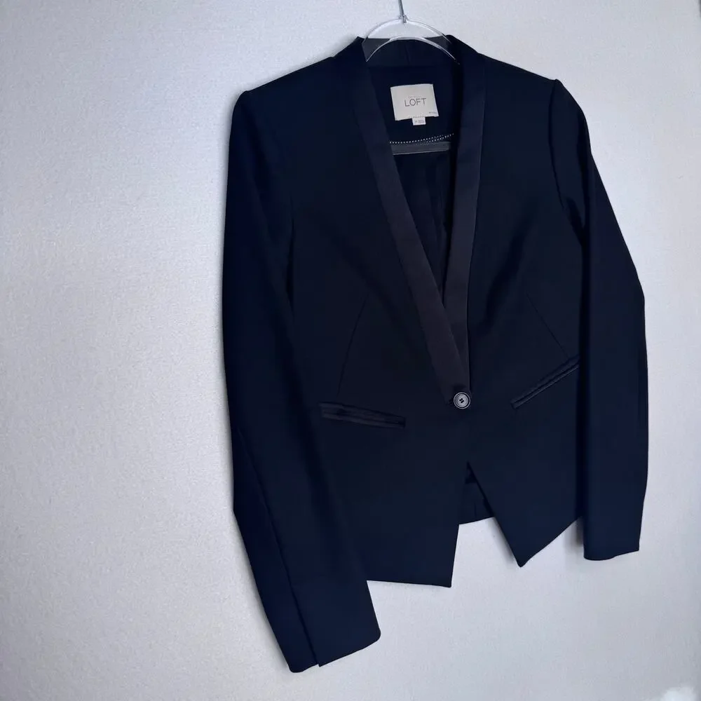 LOFT Black Tuxedo Blazer Jacket Petite 2P Satin Trim Career Formal